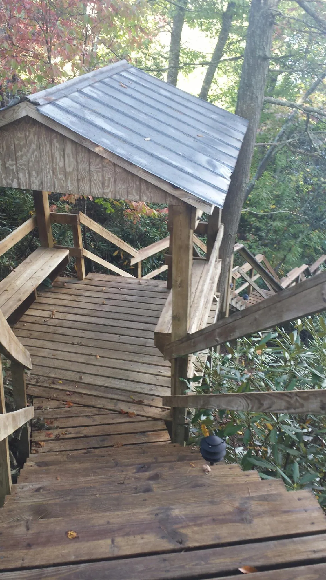 Metal roofed shelter over wooden steps on a wooded walkway — Skylight Repair & Installation work by our crew in Sodus